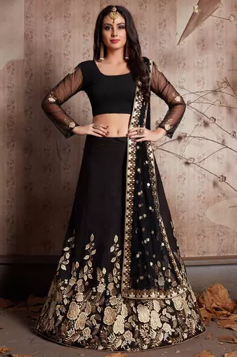 Black & White Solid Semi-Stitched Myntra Lehenga & Unstitched Blouse with Dupatta
