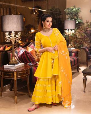 Yellow color haldi function wear full heavy gota work rayon kurta sharara with chiffon dupatta set for women/Girls 1