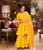 Yellow color haldi function wear full heavy gota work rayon kurta sharara with chiffon dupatta set for women/Girls