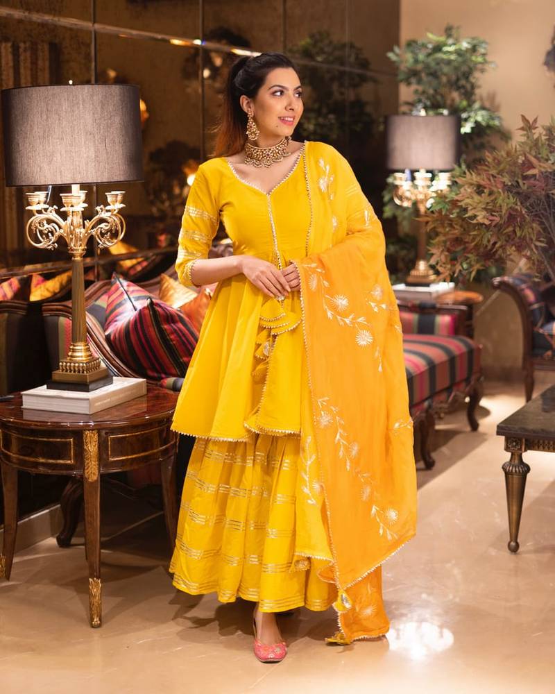 Yellow color haldi function wear full heavy gota work rayon kurta sharara with chiffon dupatta set for women/Girls