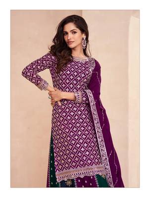 Magenta heavy chinon silk indowestern kurti & skirt set 1