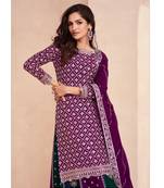 Magenta heavy chinon silk indowestern kurti & skirt set