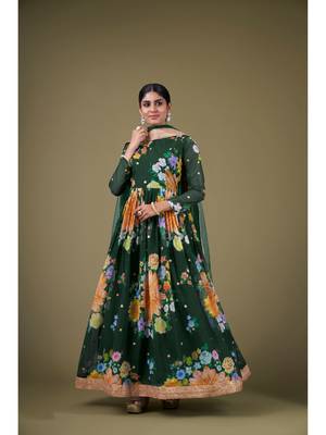 Green Digital Printed Sequance Jari Embroidery Work Faux Georgette Semi Stitched Pant Party Wear Salwarsuit 1
