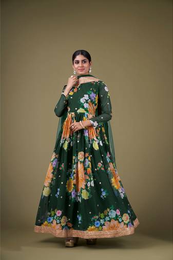 Green Digital Printed Sequance Jari Embroidery Work Faux Georgette Semi Stitched Pant Party Wear Salwarsuit