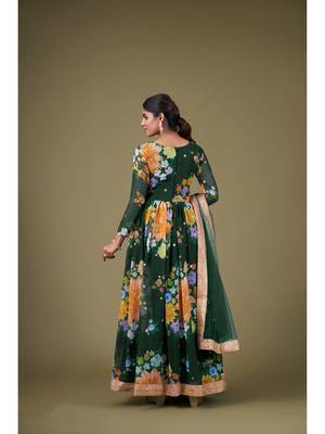 Green Digital Printed Sequance Jari Embroidery Work Faux Georgette Semi Stitched Pant Party Wear Salwarsuit 2