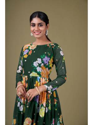 Green Digital Printed Sequance Jari Embroidery Work Faux Georgette Semi Stitched Pant Party Wear Salwarsuit 3