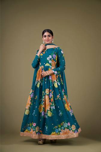Teal Digital Printed Sequance Jari Embroidery Work Faux Georgette Semi Stitched Pant Party Wear Salwarsuit