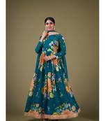 Teal Digital Printed Sequance Jari Embroidery Work Faux Georgette Semi Stitched Pant Party Wear Salwarsuit