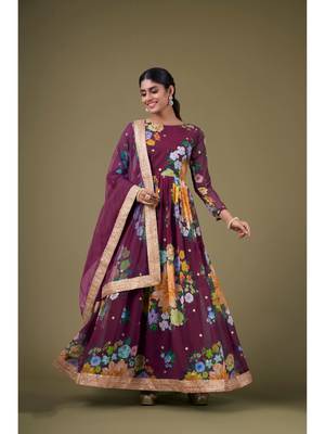 Wine Digital Printed Sequance Jari Embroidery Work Faux Georgette Semi Stitched Pant Party Wear Salwarsuit 1