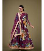 Wine Digital Printed Sequance Jari Embroidery Work Faux Georgette Semi Stitched Pant Party Wear Salwarsuit