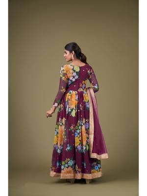 Wine Digital Printed Sequance Jari Embroidery Work Faux Georgette Semi Stitched Pant Party Wear Salwarsuit 2