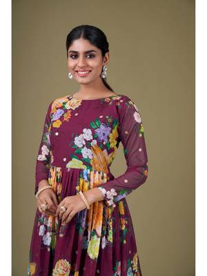 Wine Digital Printed Sequance Jari Embroidery Work Faux Georgette Semi Stitched Pant Party Wear Salwarsuit 3