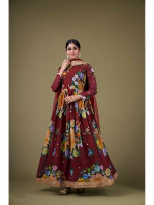Maroon Digital Printed Sequance Jari Embroidery Work Faux Georgette Semi Stitched Pant Party Wear Salwarsuit 1