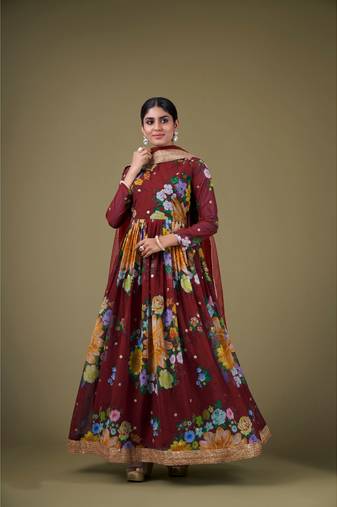 Maroon Digital Printed Sequance Jari Embroidery Work Faux Georgette Semi Stitched Pant Party Wear Salwarsuit
