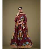 Maroon Digital Printed Sequance Jari Embroidery Work Faux Georgette Semi Stitched Pant Party Wear Salwarsuit