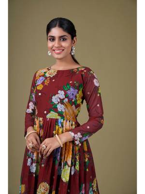 Maroon Digital Printed Sequance Jari Embroidery Work Faux Georgette Semi Stitched Pant Party Wear Salwarsuit 3