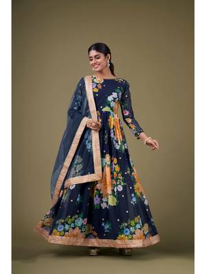 Blue Digital Printed Sequance Jari Embroidery Work Faux Georgette Semi Stitched Pant Party Wear Salwarsuit 1
