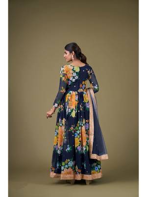 Blue Digital Printed Sequance Jari Embroidery Work Faux Georgette Semi Stitched Pant Party Wear Salwarsuit 2