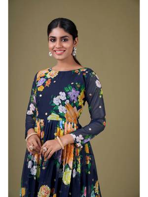 Blue Digital Printed Sequance Jari Embroidery Work Faux Georgette Semi Stitched Pant Party Wear Salwarsuit 3