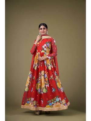 Red Digital Printed Sequance Jari Embroidery Work Faux Georgette Semi Stitched Pant Party Wear Salwarsuit 1
