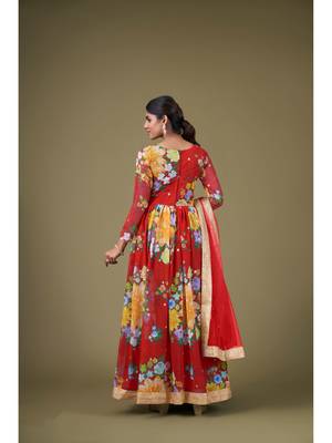 Red Digital Printed Sequance Jari Embroidery Work Faux Georgette Semi Stitched Pant Party Wear Salwarsuit 2