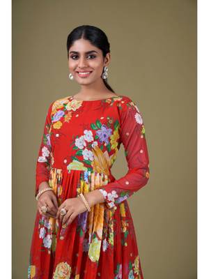 Red Digital Printed Sequance Jari Embroidery Work Faux Georgette Semi Stitched Pant Party Wear Salwarsuit 3