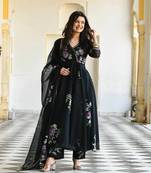 Women's Designer tabby organza Brush flower print gown pant with dupatta set