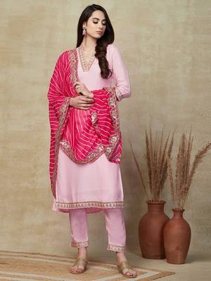 Viscose Silk Blend Sequence Embroidered Work Straight Cut Kurta Pant and Dupatta Set 1