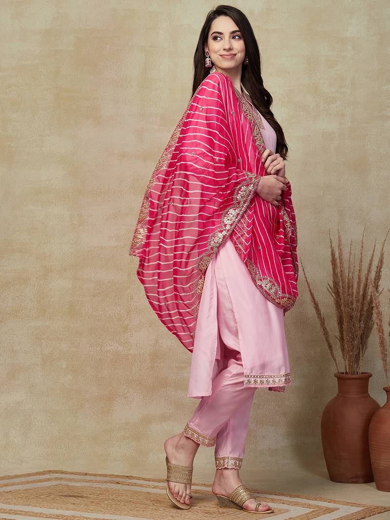 Viscose Silk Blend Fabric Sequence Embroidered Work Straight Cut Kurta, Pant and Dupatta Set