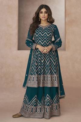 Dark Aqua Blue Festival Wear Embroidered Salwar Kameez 1