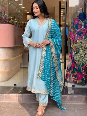Viscose Silk Blend Fabric Sequence Embroidered Work Straight Cut Kurta, Pant and Dupatta Set 2