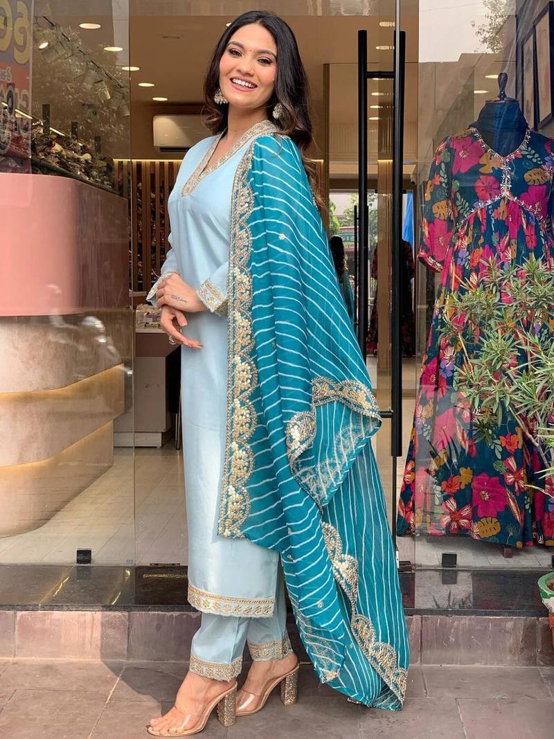 Viscose Silk Blend Fabric Sequence Embroidered Work Straight Cut Kurta, Pant and Dupatta Set