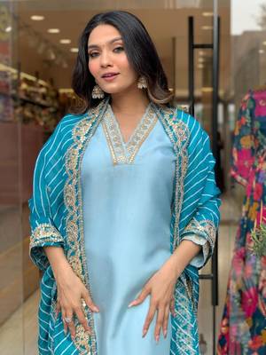 Viscose Silk Blend Fabric Sequence Embroidered Work Straight Cut Kurta, Pant and Dupatta Set 1