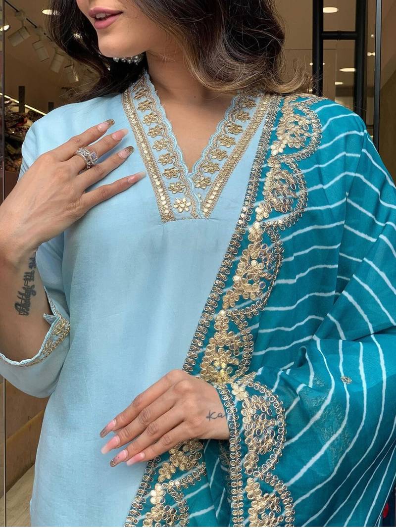 Viscose Silk Blend Fabric Sequence Embroidered Work Straight Cut Kurta, Pant and Dupatta Set