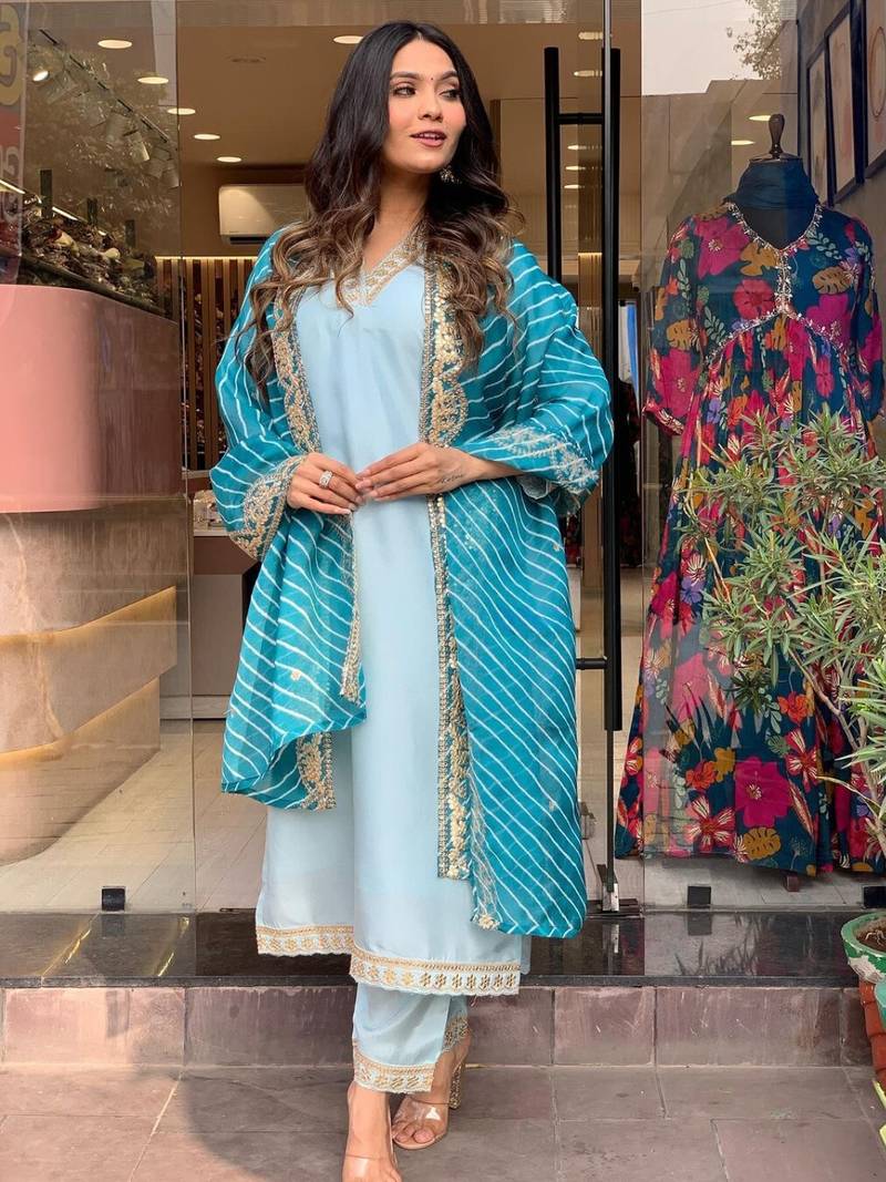 Viscose Silk Blend Fabric Sequence Embroidered Work Straight Cut Kurta, Pant and Dupatta Set