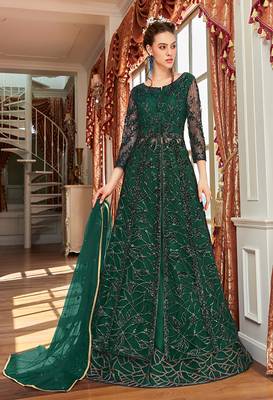 Dark green wedding net anarkali salwar kameez 1