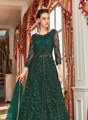 Dark green wedding net anarkali salwar kameez 2