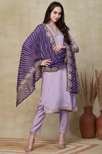 Viscose Silk Blend Sequence Embroidered Work Straight Cut Kurta Pant and Dupatta Set