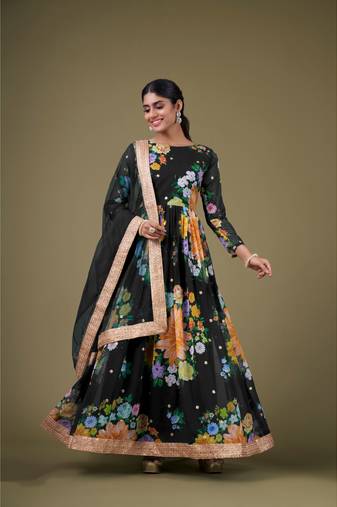 Black Digital Printed Sequance Jari Embroidery Work Faux Georgette Semi Stitched Pant Party Wear Salwarsuit