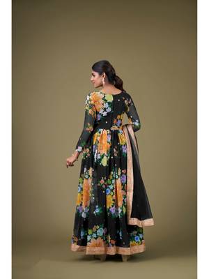 Black Digital Printed Sequance Jari Embroidery Work Faux Georgette Semi Stitched Pant Party Wear Salwarsuit 2