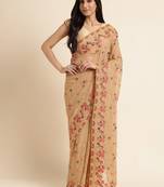 Brown embriodred pure georgette saree with blouse piece