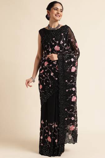 Black embriodred pure georgette saree with blouse piece