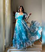 Organza fabric designer  floral print maxi gown kurta for women