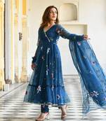 Women's Designer tabby organza Brush flower print angrakha kurta pant with dupatta set