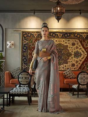 Grey Kanjivaram style silk bland copper zari weaving saree with Blouse 1