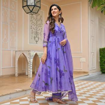Tabby organza fabric full flared flower print gown pant with dupatta set 1