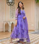 Tabby organza fabric full flared flower print gown pant with dupatta set