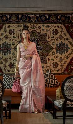 Copper Zari Handloom Woven Saree With Blouse For Women 1