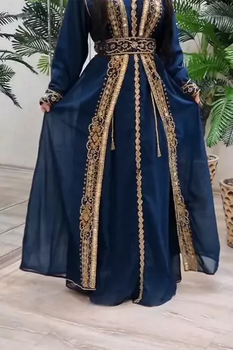 Blue Georgette Beads and Zari Work Wedding Kaftan Dress