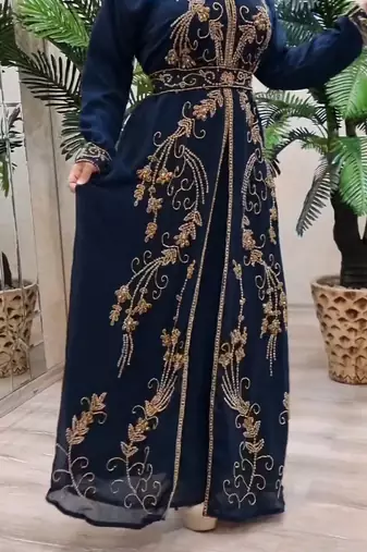 Kaftan Dress in Navy Georgette Embroidered
